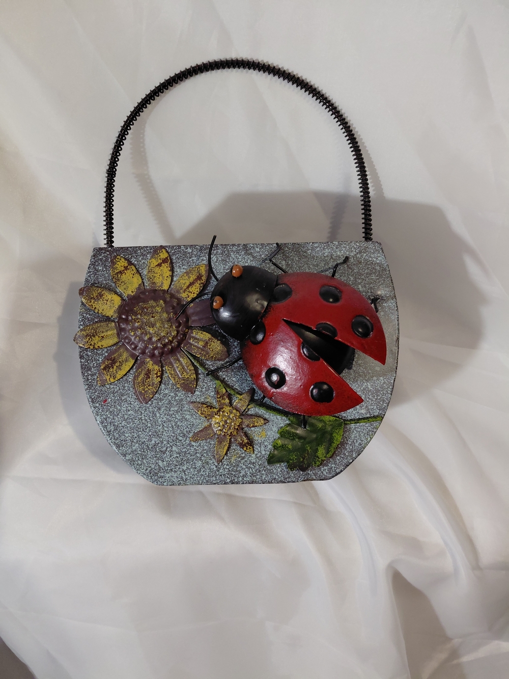 Whimsical Ladybug Floral Pot/ Container in Red, Yellow & Silver